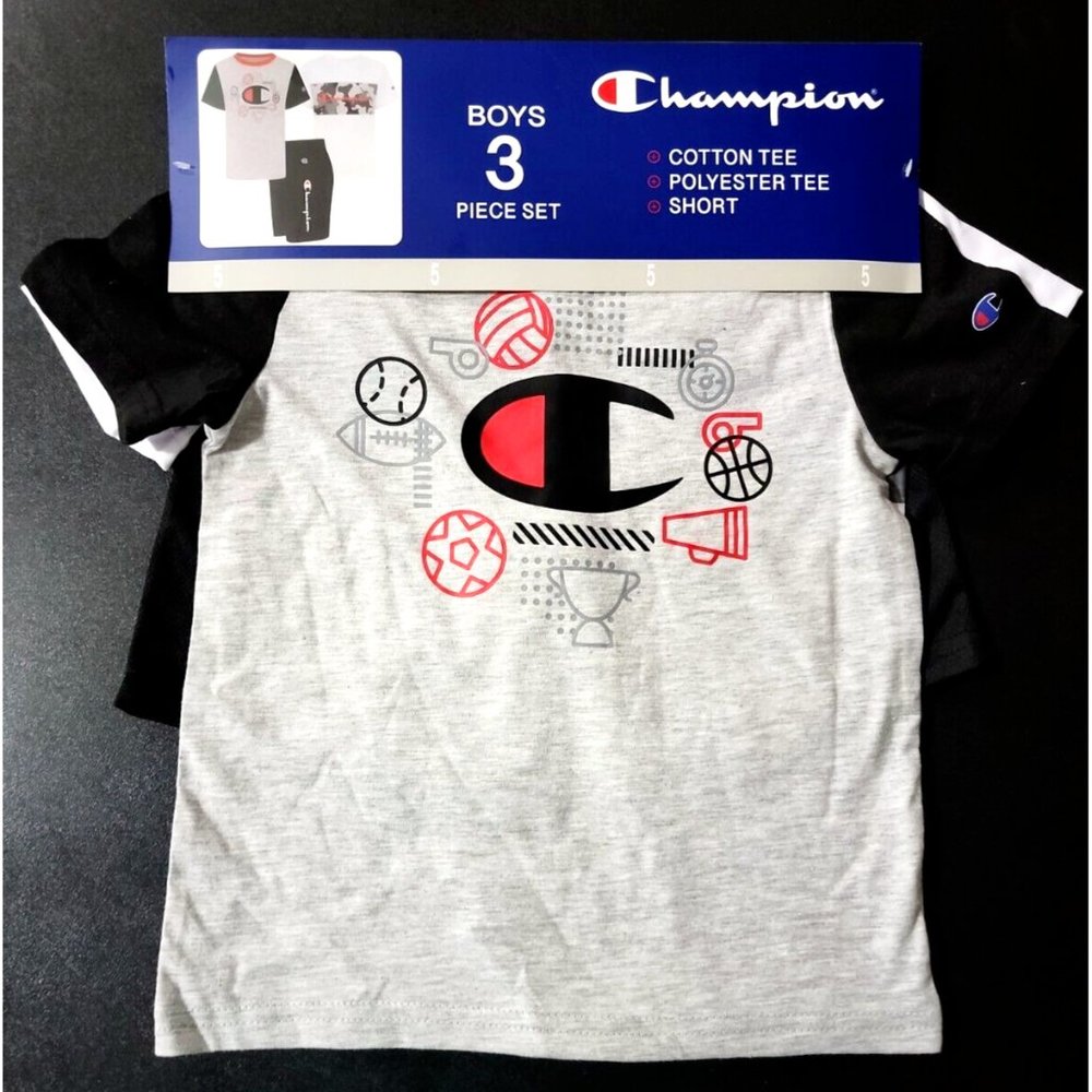 Champion Boys 3 Piece Set Polyester Tees Cotton Tee Short Grey & White Size 5